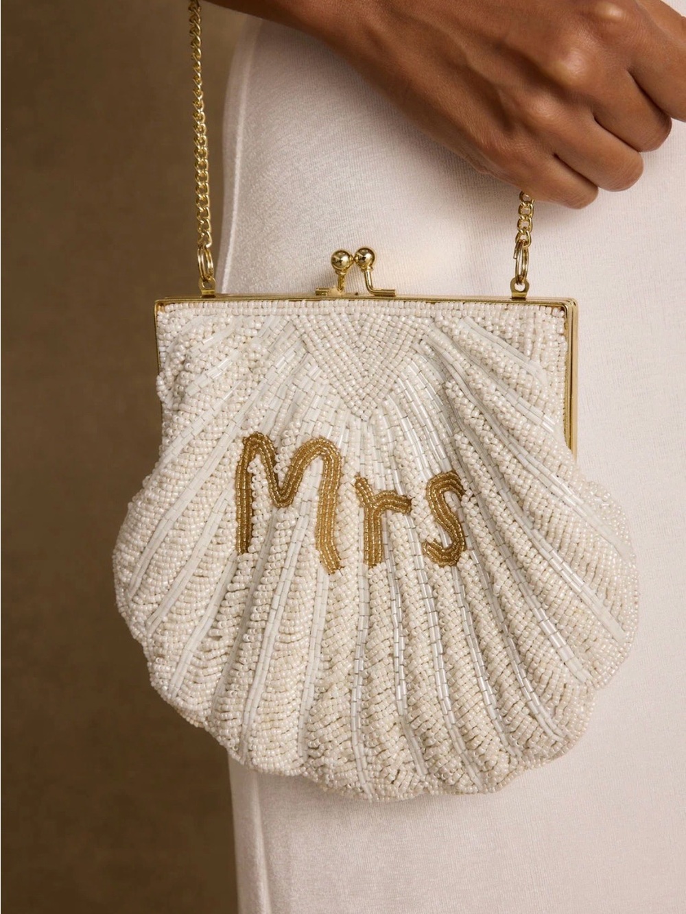 12th Tribe Cream Beaded 'Mrs' Shell Clutch with Gold Script